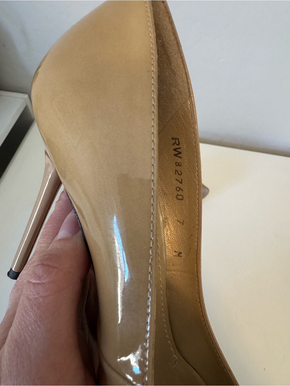 Stuart Weitzman Glossy Tan Pointed-Toe Pumps - Picture 5 of 6